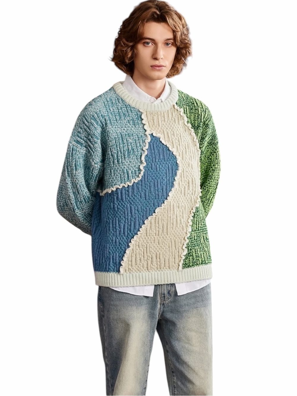 YITAI Abstract Knit Sweater Green Blue Cream Shale Stitch Size Medium
